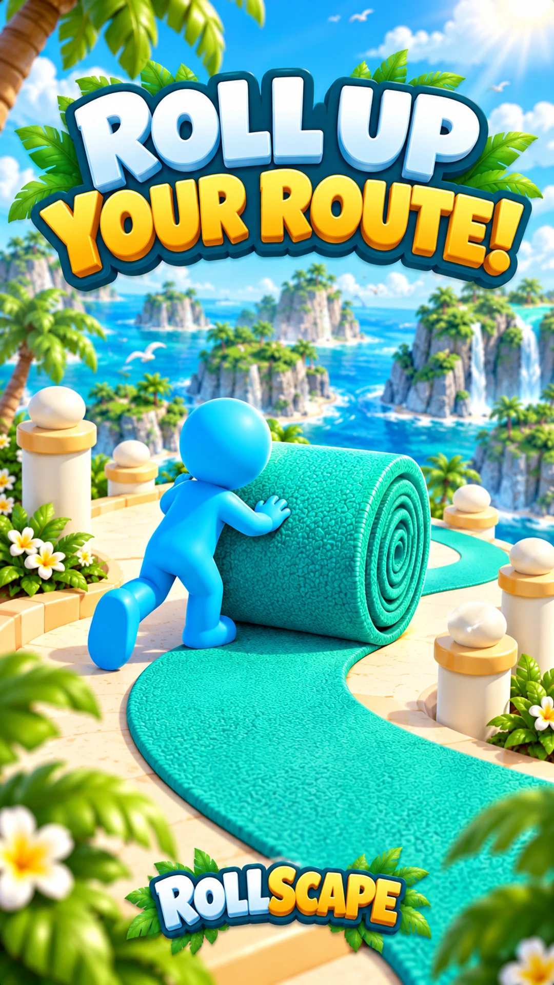 Collecting floor pieces in a tropical promotional scene